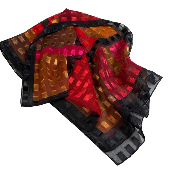 Accessories - Sheer Geometric Scarf Red Gold Pink Black Sheer Patterned Accessory